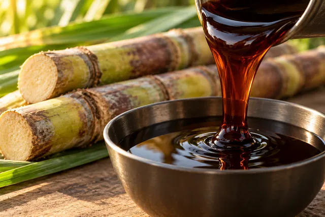 Rich dark amber cane molasses stream